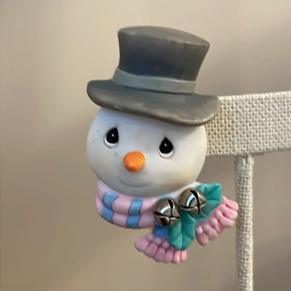 Vintage Precious Moments Snowman Figurine with Pink and Blue Scarf Holiday Pin